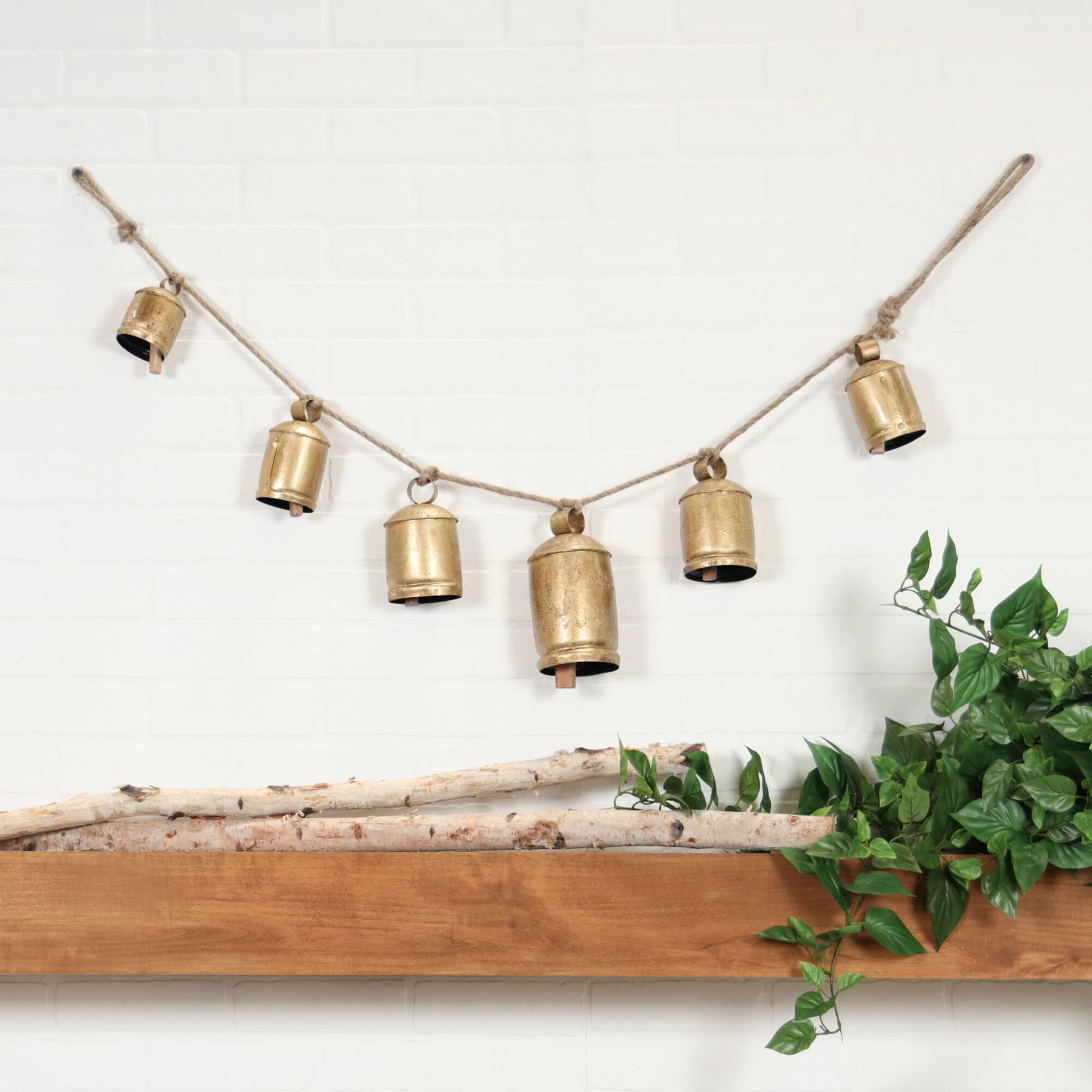 Gold Metal Tibetan Inspired String Hanging Decorative Cow Bells with Jute Hanging Rope